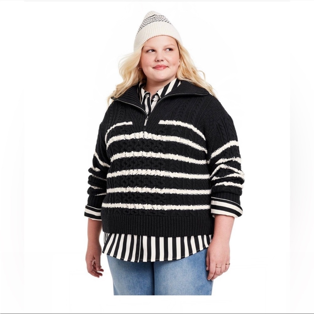 NWOT La Ligne for Target Quarter Zip Striped Cableknit Sweater